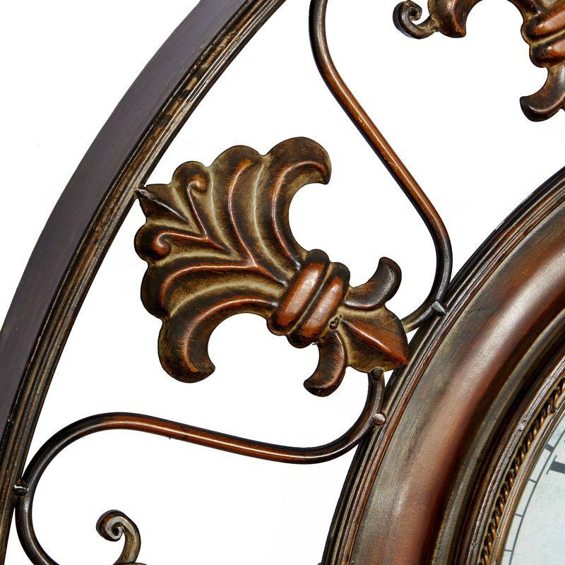 Metal Fleur De Lis Wall Clock Brown - Olivia & May: Silent, Rustic Iron, Roman Numerals