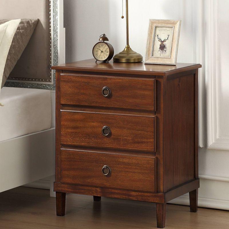 Comfort Pointe Cambridge Nightstand Brown: Elegant 3-Drawer Storage, Metal Hardware, No Assembly Required