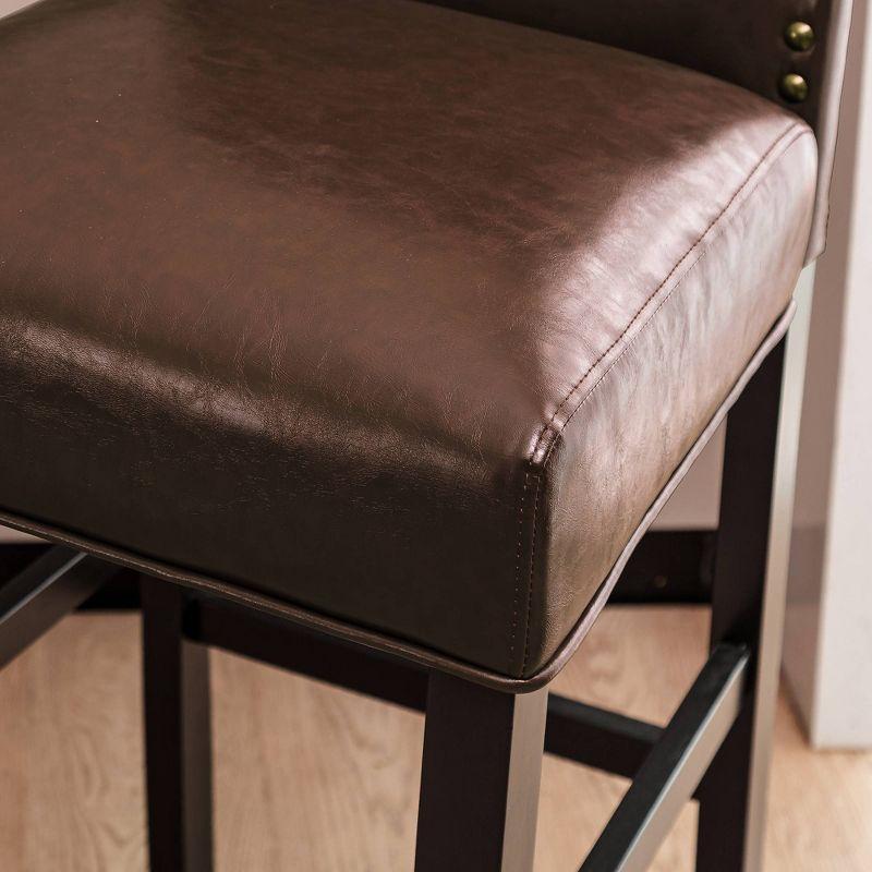 Glitzhome Set of 2 Leatherette PU Barstools with Studded Decor Coffee Brown: Upholstered High Back, Kitchen Counter Height