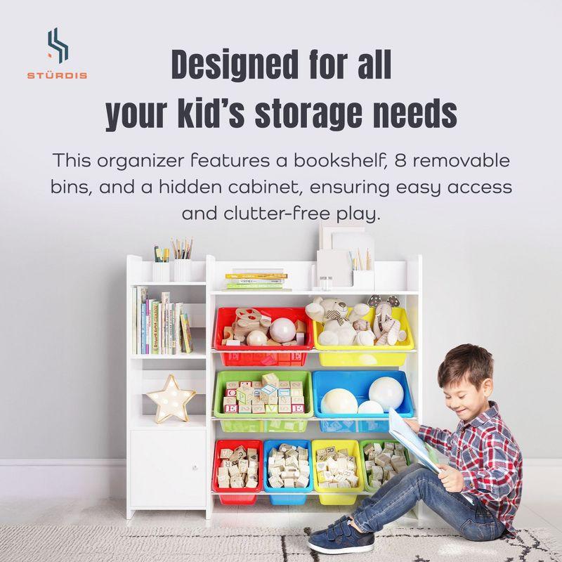 Sturdis Toy Storage Organizer with Bookshelf, Kids Playroom Organization Shelving Unit with Removable Colorful Storage Bins & Anti-Tip Bracket, White