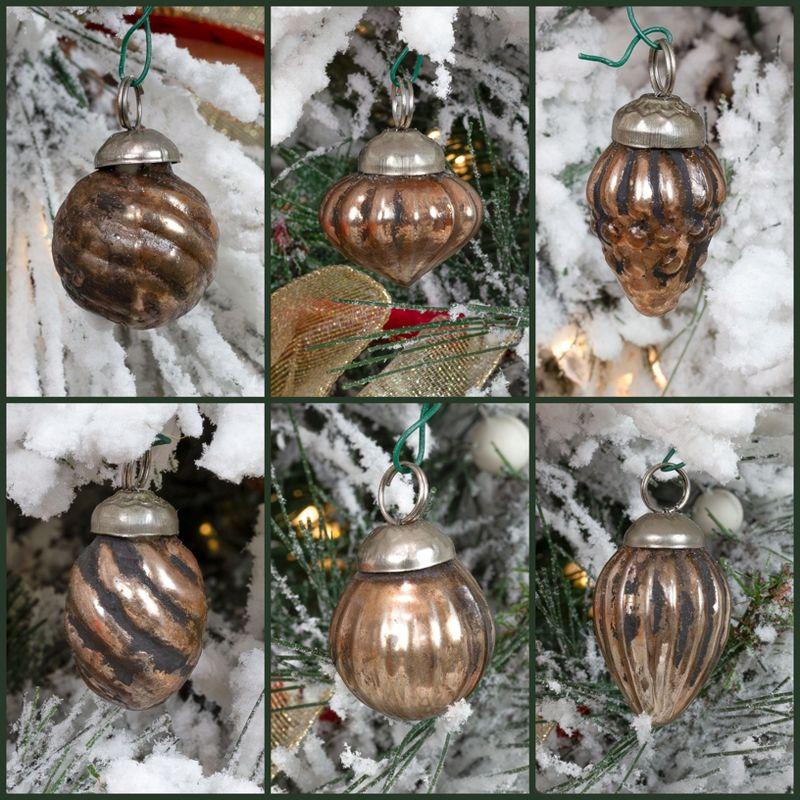 AuldHome Design Small Glass Finial Ornaments, 12pc Set; Antiqued Retro Mercury Style Christmas Tree Decorations w/ Storage Bag