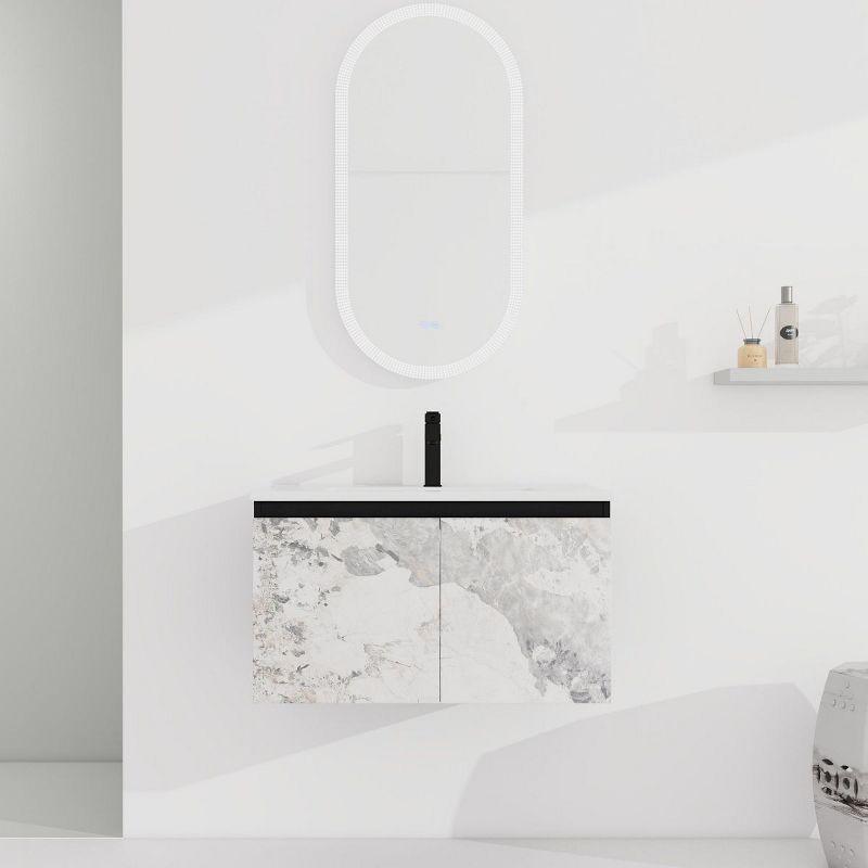 30'' Floating Wall-Mounted Marbling Black Bathroom Vanity Ceramics Sink,Floating Sink with Soft-Close Cabinet Door, KD-Package-Cuddlewood