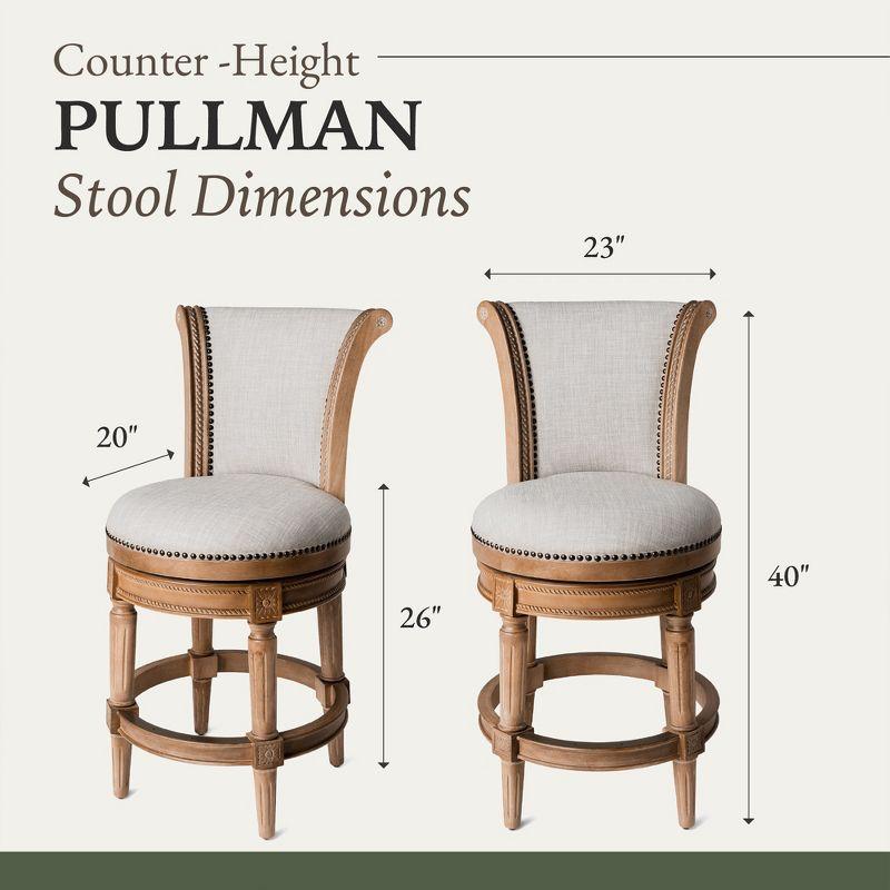 Maven Lane Pullman 26 Inch Tall Counter Height Upholstered Barstool with Back in Weathered Oak Finish with Sand Color Fabric Cushion Seat, Set of 3