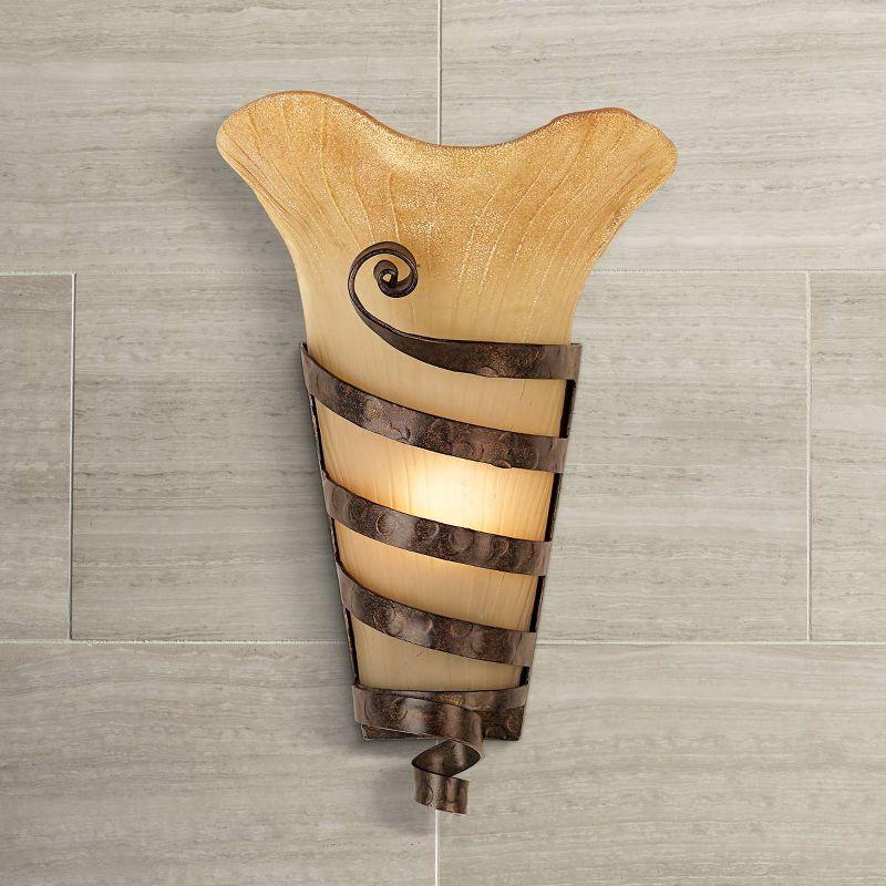 Franklin Iron Works Solara Rustic Wall Light Sconce Rust Iron Scroll Hardwire 10" Fixture Scavo Glass for Bedroom Bathroom Vanity Reading Living Room