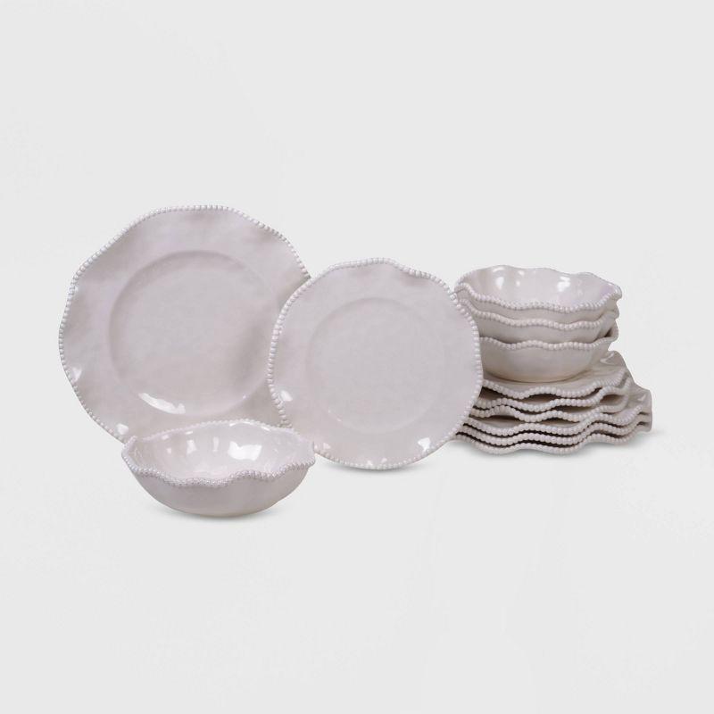 White Melamine 12-Piece Dinnerware Set with Beaded Ruffled Rims