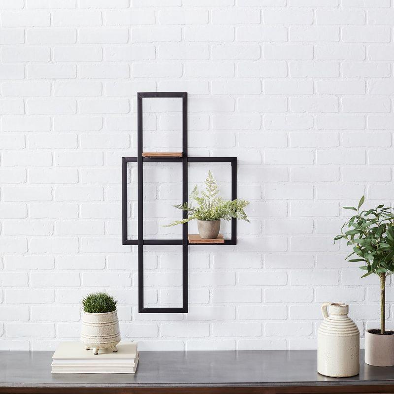 Black and Brown Geometric Iron and Wood Wall Shelf