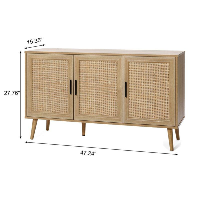 LuxenHome Rattan Buffet Cabinet with Storage, 47" Light Oak Finish Wood Accent Sideboard Cabinet with 3-Door, Boho Coffee Bar Console Table