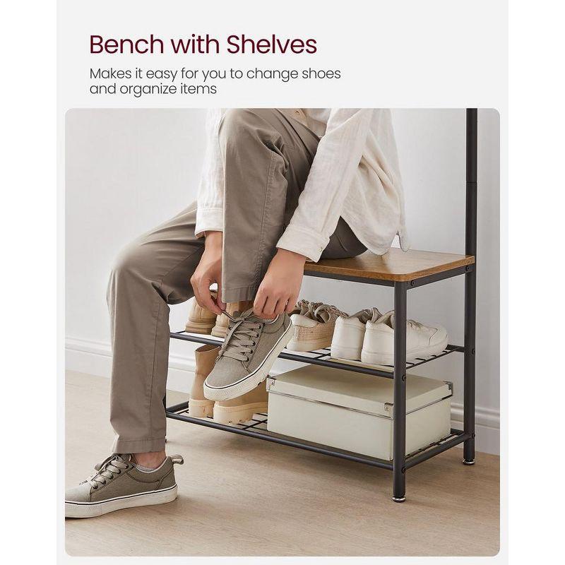 VASAGLE Hall Tree Entryway Coat Rack with Shoe Bench Rustic Walnut and Black