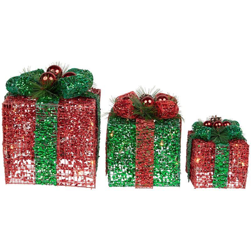 Northlight Seasonal Set of 3 Lighted Red and Green Tinsel Gift Boxes with Bows Christmas Outdoor Decorations 10"