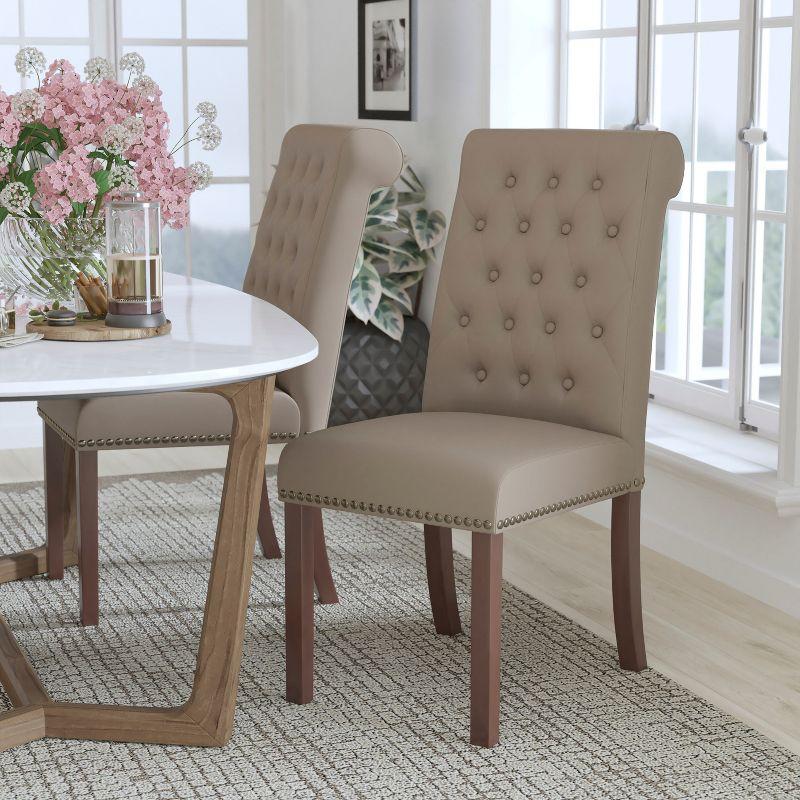 Beige Tufted Parsons Side Chair with Walnut Legs