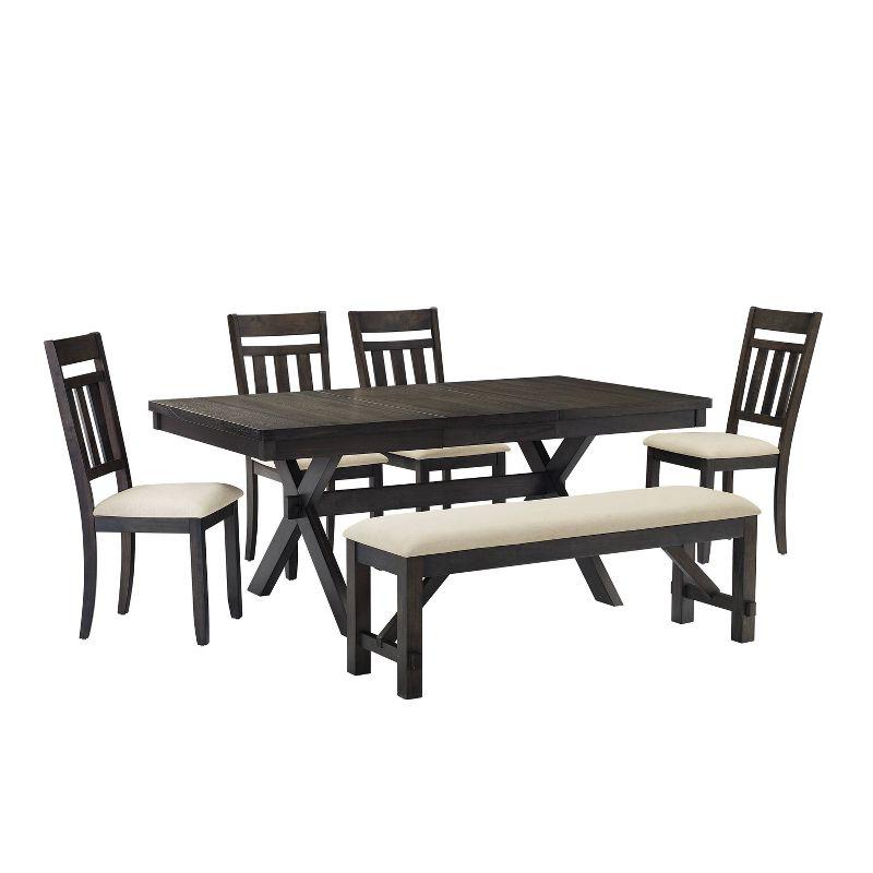 Crosley Hayden 6pc Extendable Dining Set with Bench and 4 Slat Back Chairs Slate: Farmhouse Style, Rubberwood & MDF