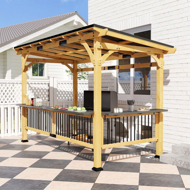 Outsunny 13' x 6' Wooden Grill Gazebo, Hardtop Outdoor BBQ Gazebo with with Metal Roof, 2 Bar Shelves and 6 Hooks for Patio, Deck, Yard, Natural
