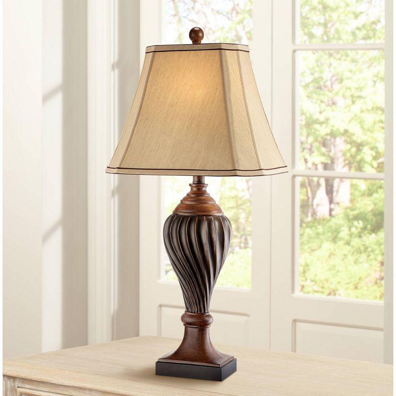 Regency Hill Traditional Table Lamp 28.5" Tall Carved Two Tone Brown Urn Shaped Beige Fabric Shade for Living Room Family Bedroom Bedside