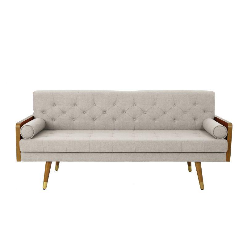 GDFStudio Aidan Mid Century Modern 72.25" Tufted Upholstered 3 Seater Sofa，Beige/Dark Walnut/Gold