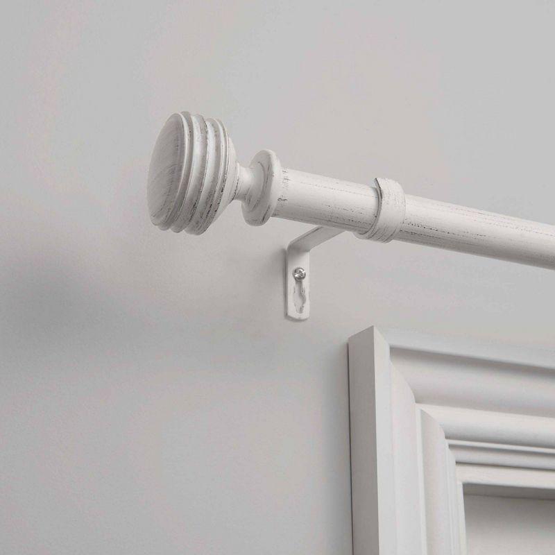 Distressed White Iron Adjustable Curtain Rod with Ribbed Finials