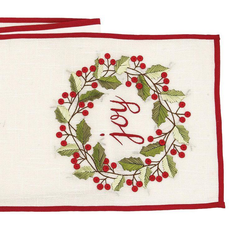 C&F Home 14" x 72" Embordered "Joy" Sentiment with Holly Berry Wreath on Off White Background with Red Trim Cotton Table Runner