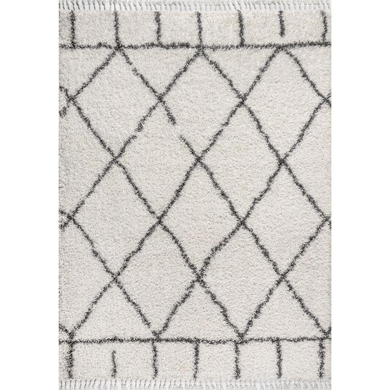 8'x10' Mercer Shag Plush Tassel Moroccan Geometric Trellis Area Rug, Cream/Grey - JONATHAN Y