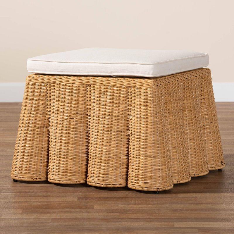 bali & pari Palm Scallop Rattan Ottoman Honey: Square Upholstered, No Assembly, Polyester, Plywood
