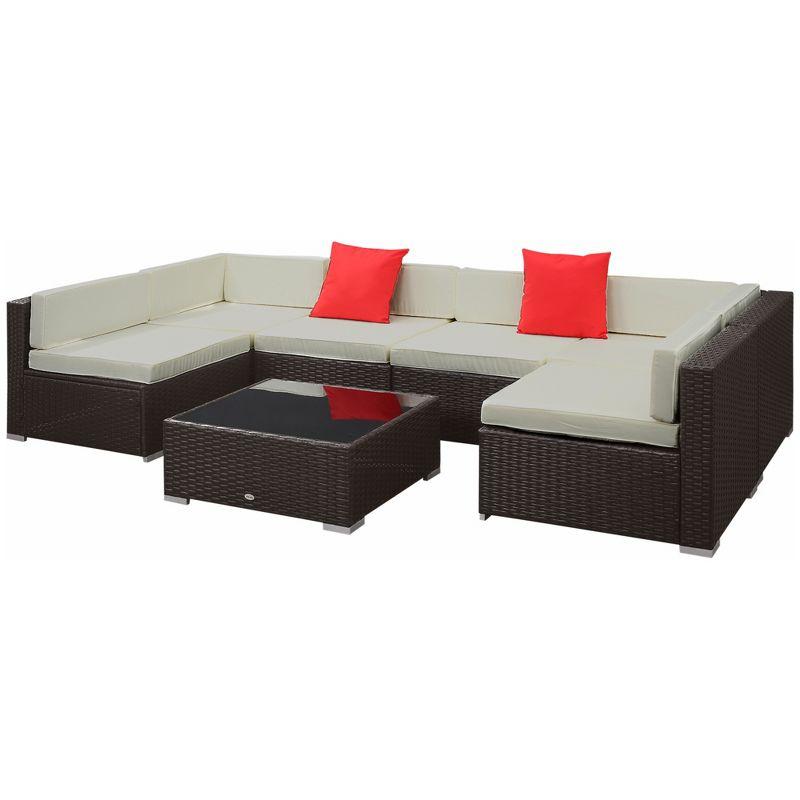 Outsunny 7 Piece Outdoor Patio Furniture Set, PE Rattan Wicker Sectional Sofa Set with Couch Cushions, Pillows, Coffee Table, Beige