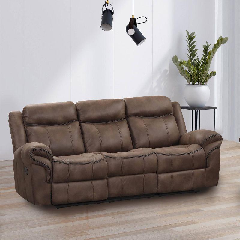 miBasics 87" Softcloud Transitional Upholstered Manual Reclining Sofa with Flip Down Cup Holders Brown: Microsuede, Foam-Filled