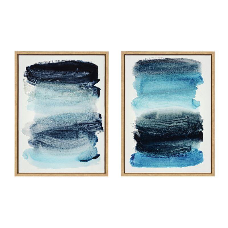 Set of 2 Blue Abstract Canvas Prints with Natural Wood Frame