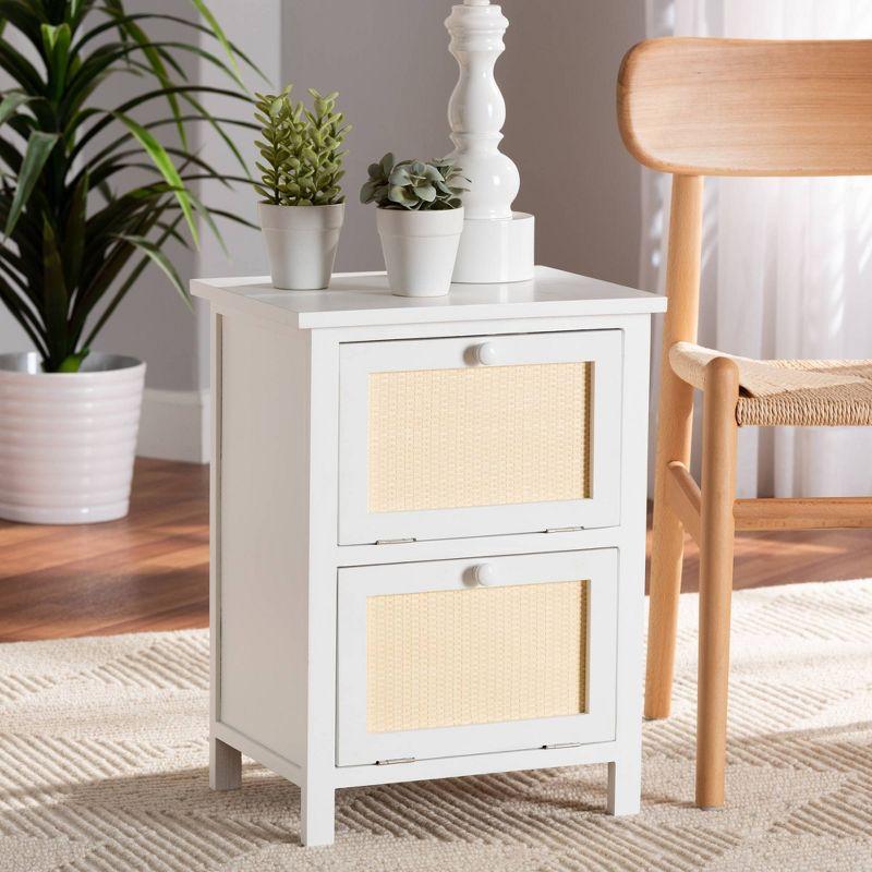 Sariah Wood Rattan 2 Door Nightstand White - Baxton Studio: Bohemian Style, Bedside Storage, No Assembly Required