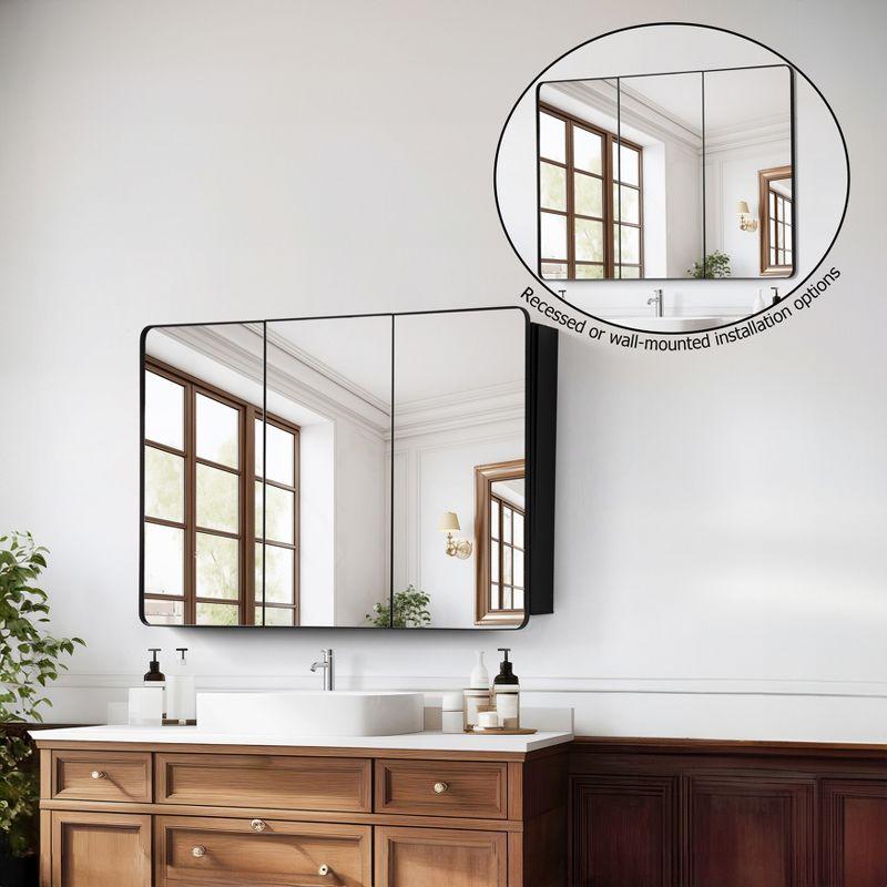 Basicwise 3-Door Aluminum Medicine Cabinet, Round Corner Frame, Surface or Recessed Mount, Mirrored Doors with Adjustable Glass Shelves, Matte Black