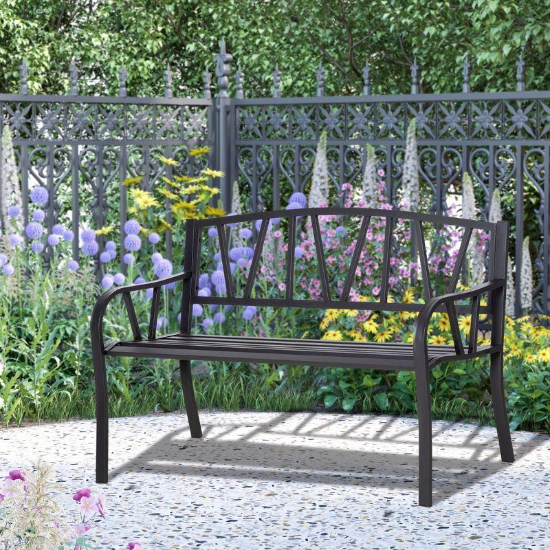 Outsunny Metal Garden Bench, Black Outdoor Bench for 2 People, Park-Style Patio Seating Decor with Armrests & Backrest, Black