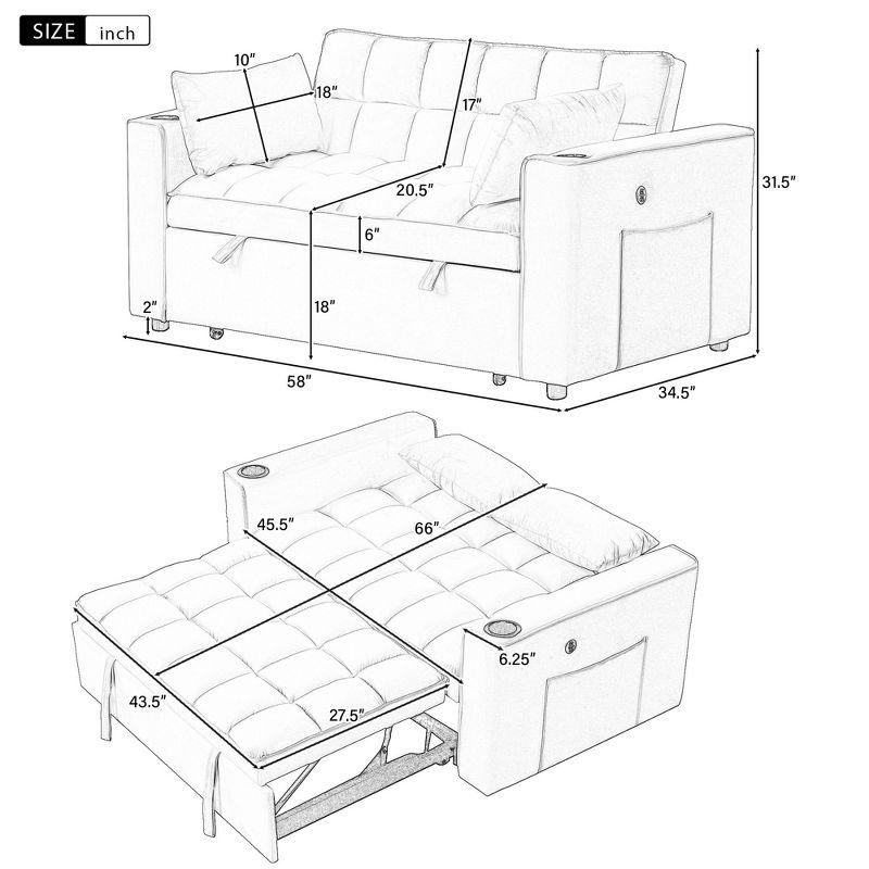 Pink Velvet Convertible Sofa Bed with USB Port and Cup Holders