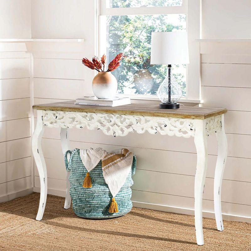 LuxenHome Victorian Off White and Natural Wood Console and Entry Table Off-White