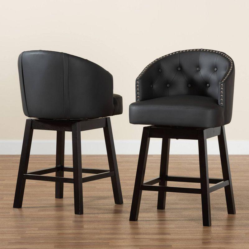 2pc Theron Faux Leather & Wood Swivel Counter Height Barstool Set with Nailhead Trim - Baxton Studio