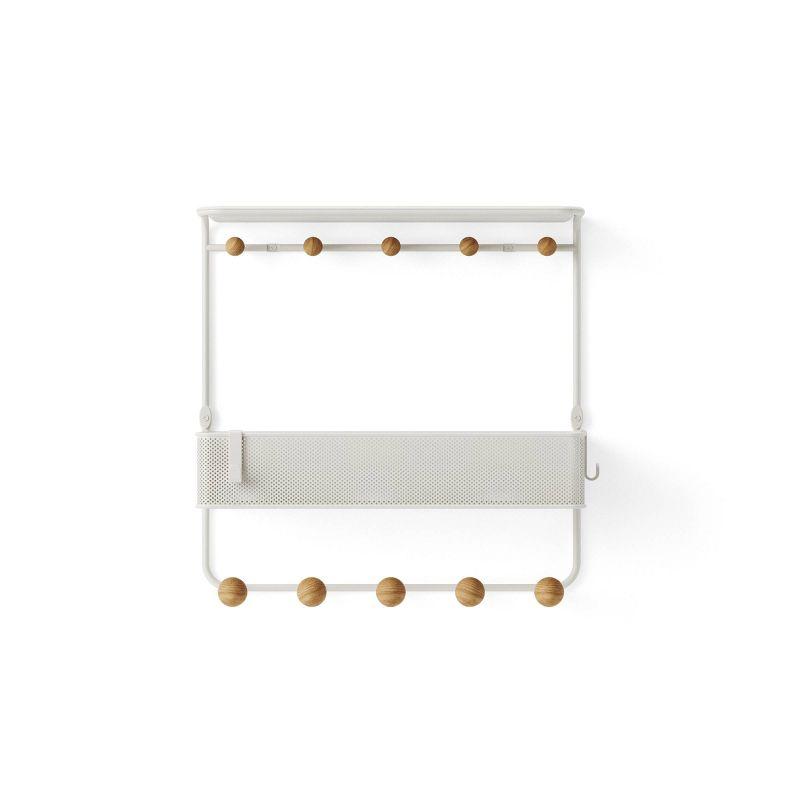 Estique White/Natural 10-Hook Wall Shelf with Perforated Metal Basket