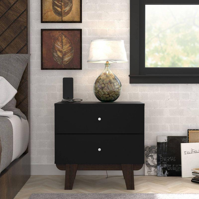 Kincaid Matte Black Wood 2-Drawer Nightstand with Walnut Legs