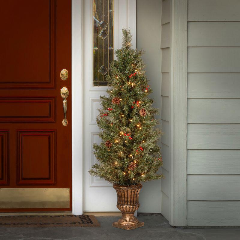 Prelit Flocked Crestwood Spruce Artificial Christmas Tree in Pot with Cones and Berries Clear Lights - National Tree Company