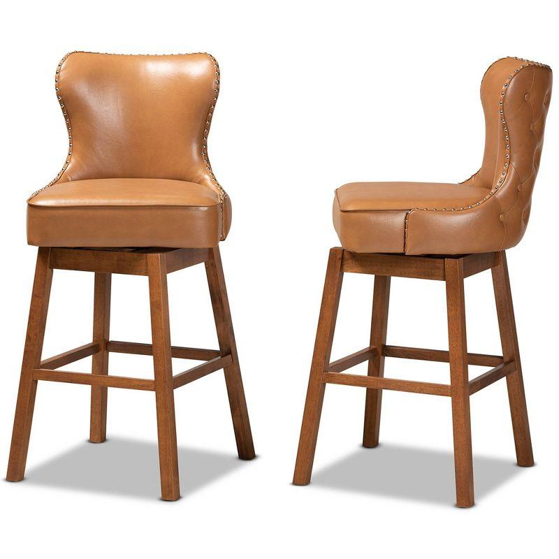 2pc Gradisca Tan Wood Swivel Barstool Set Brown - Baxton Studio: Upholstered, Nailhead Trim, Rectangle Shape