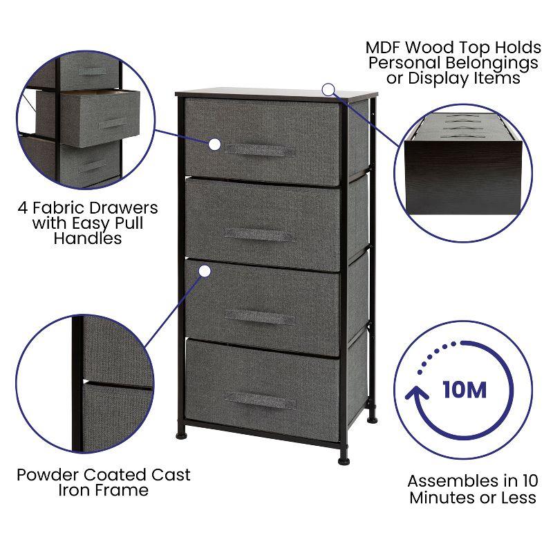 Emma and Oliver 4 Drawer Vertical Storage Dresser with Black Wood Top & Gray Fabric Pull Drawers