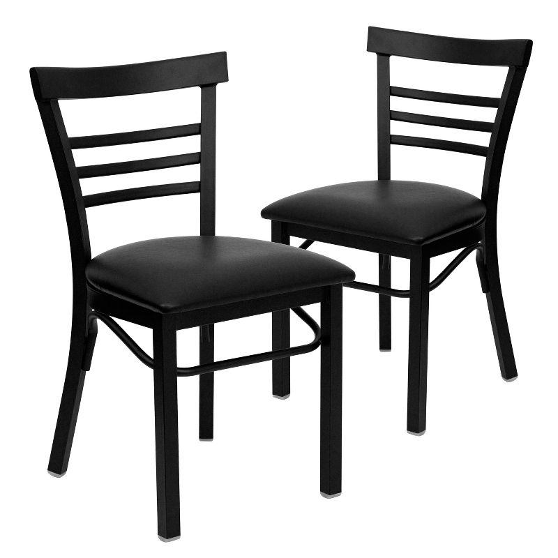 Black Metal Ladder Back Restaurant Dining Chairs with Wood Seat, Set of 2