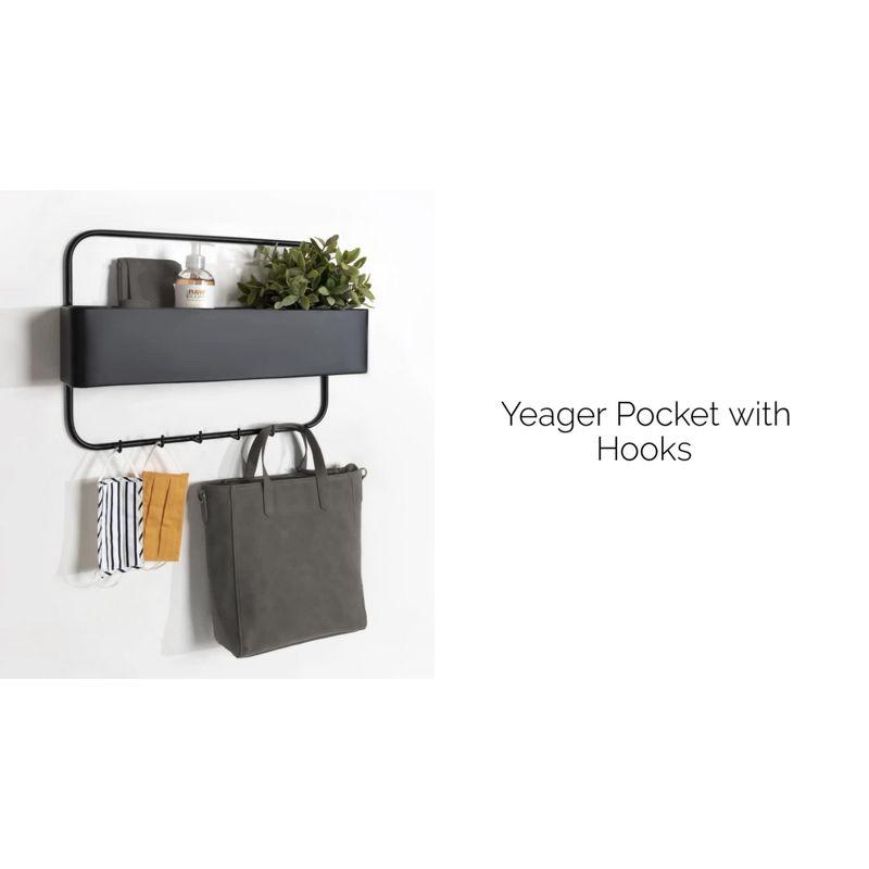 Black Metal Wall Pocket Organizer with Hooks, 21" x 14"