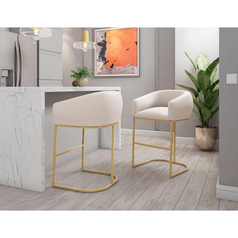 Set of 2 Louvre Upholstered Stainless Steel Barstools Cream: Gold Base, Faux Leather, No Assembly - Manhattan Comfort