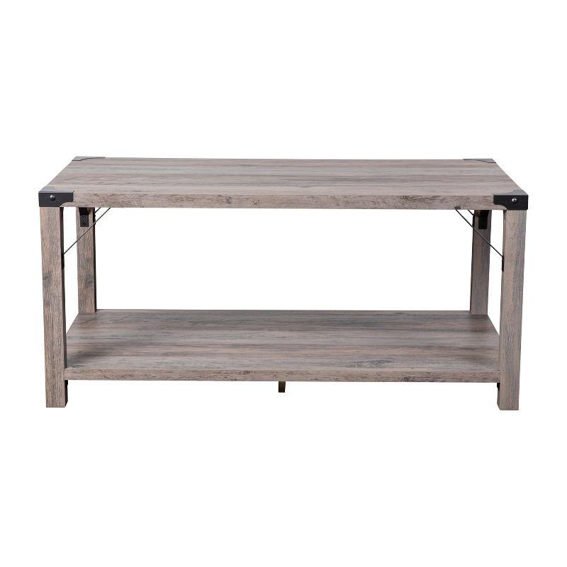 Flash Furniture Wyatt Modern Farmhouse Wooden 2 Tier Coffee Table with Black Metal Corner Accents and Cross Bracing, Gray Wash