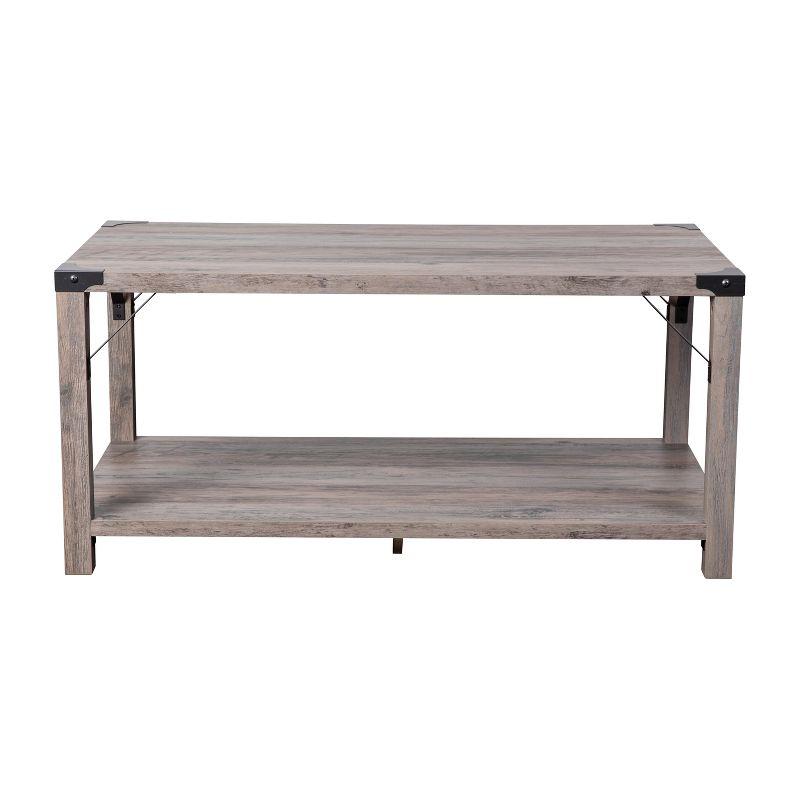 Flash Furniture Wyatt Modern Farmhouse Wooden 2 Tier Coffee Table with Metal Corner Accents and Cross Bracing