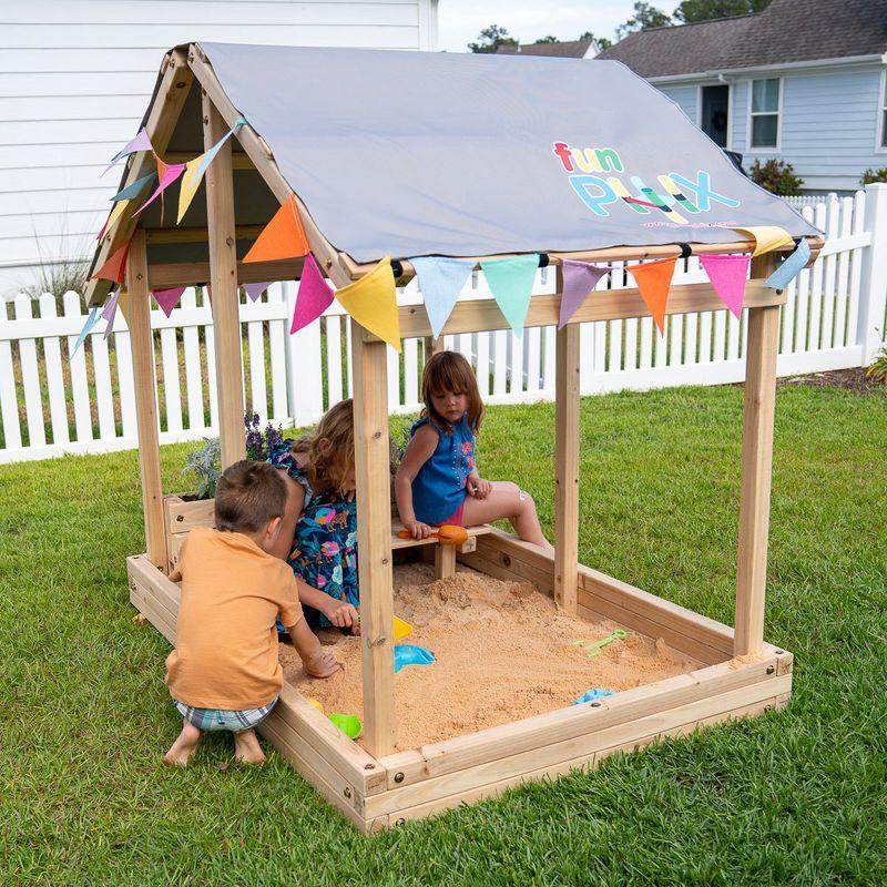 Funphix Dig n’ Play Wooden Sandbox Playhouse with Bench & Flower Planter, Outdoor Sand Pit for Kids