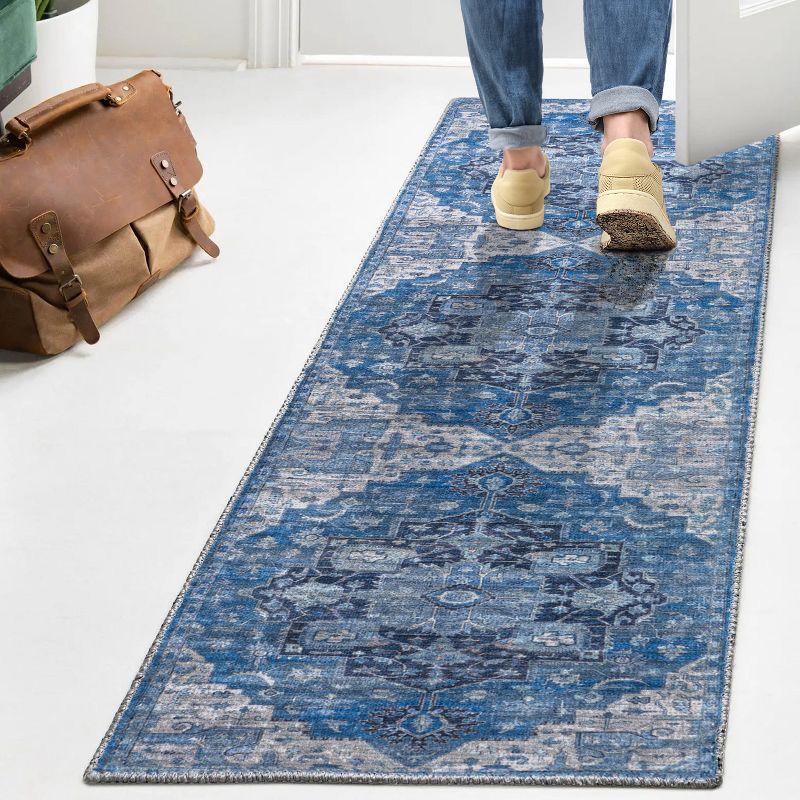 2' x 8' Maris Ornate Medallion Machine Washable Indoor/Outdoor Runner Rug, Blue/Navy - JONATHAN Y