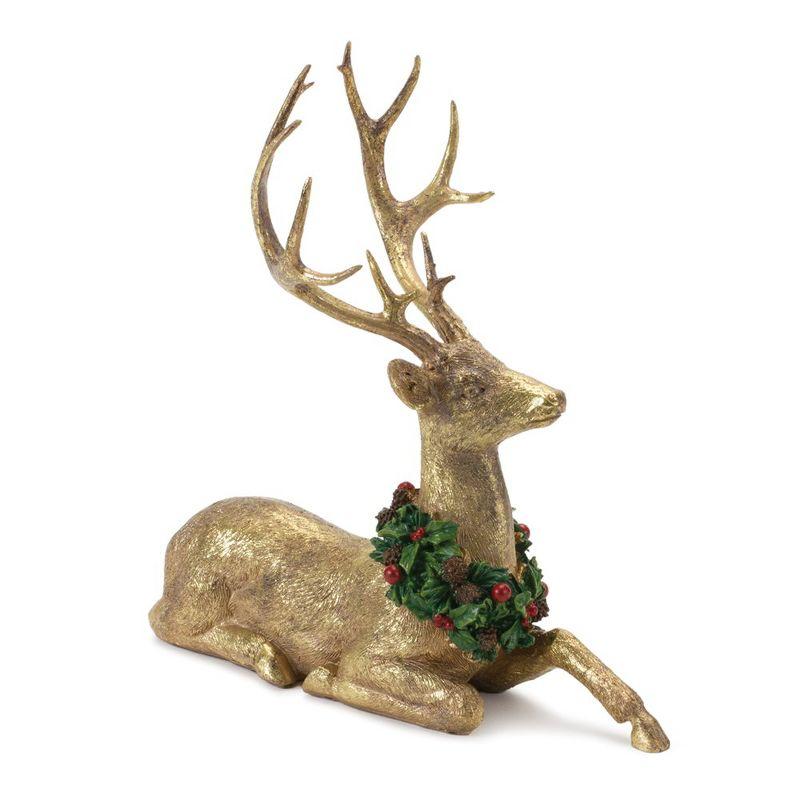 Gold Resin Laying Deer Figurines with Holly Wreaths, Set of 2