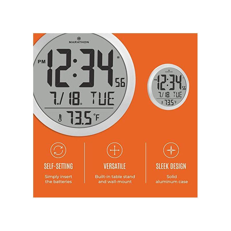 Marathon 15 Inch Round Sleek & Stylish Digital Wall Clock Full Calendar Display & Indoor Temperature