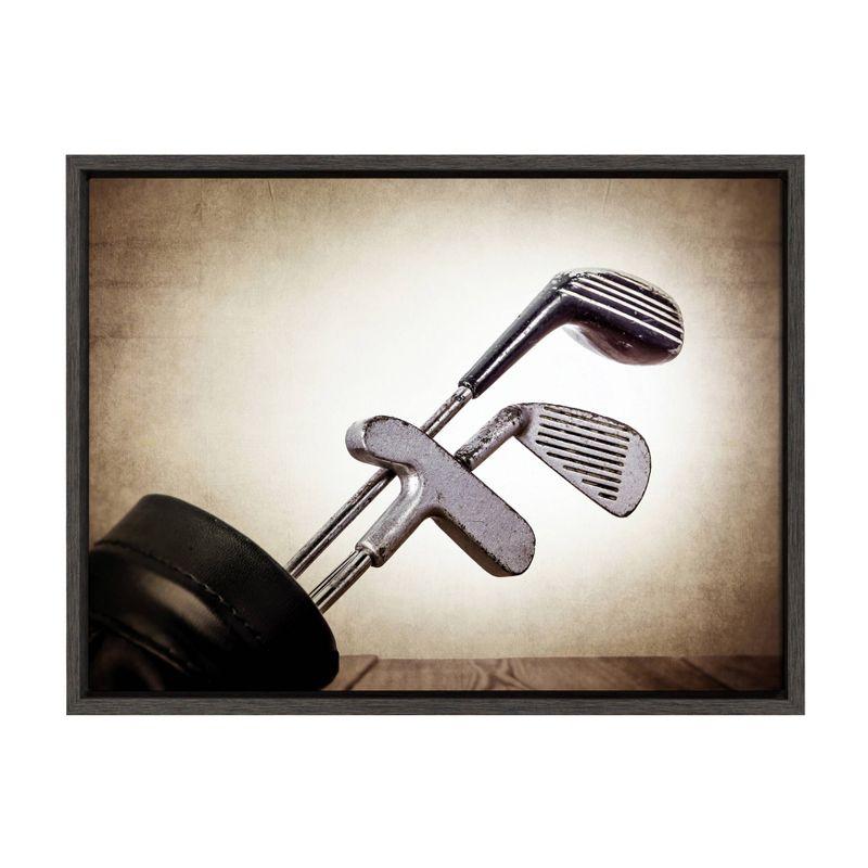 Vintage Golf Clubs Framed Canvas Print in Gray Woodgrain