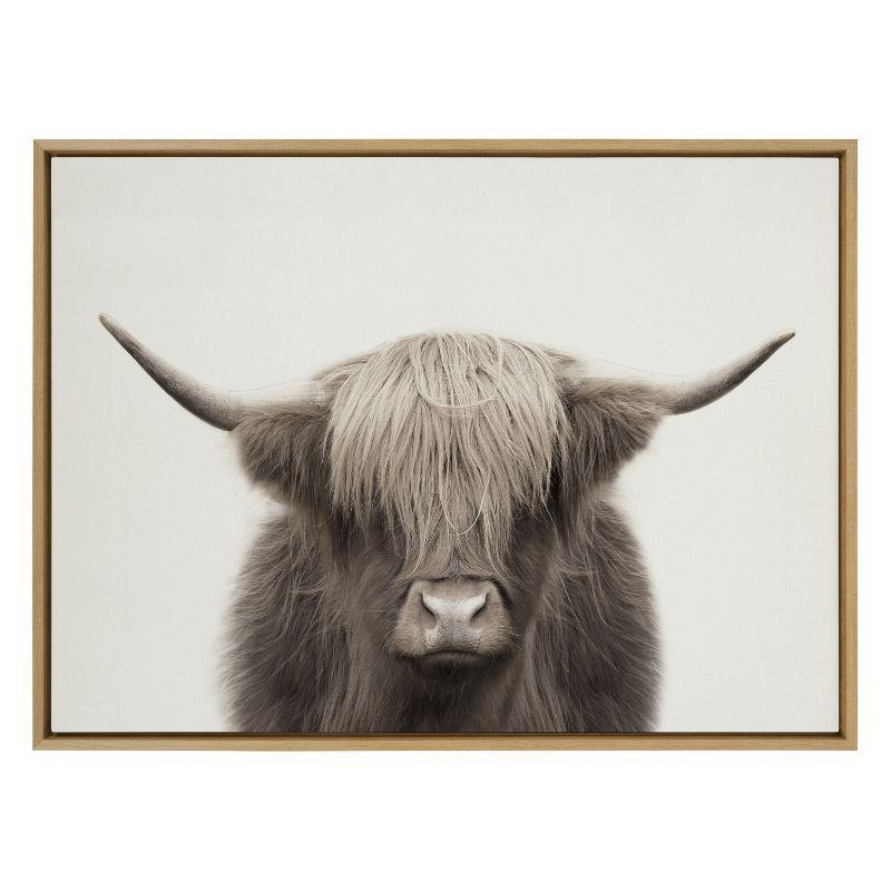 Kate and Laurel Sylvie Hey Dude Highland Cow Color Framed Canvas by The Creative Bunch Studio, 31.5 x 41.5, Natural