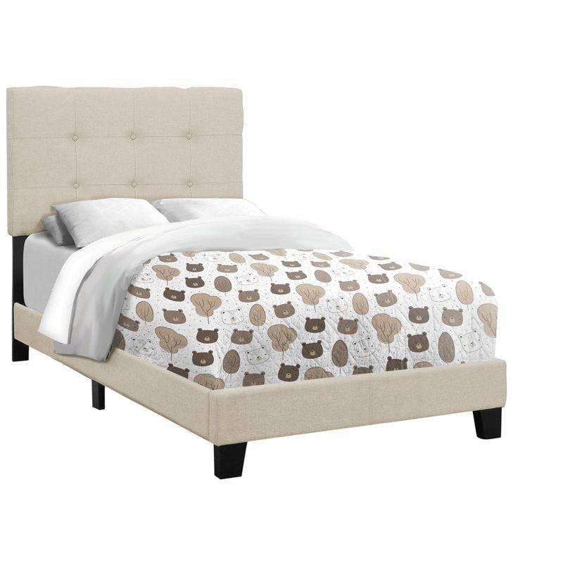 Monarch Specialties Bed Twin Size Platform Teen Frame Upholstered Linen Look Wood Legs Beige Black Transitional