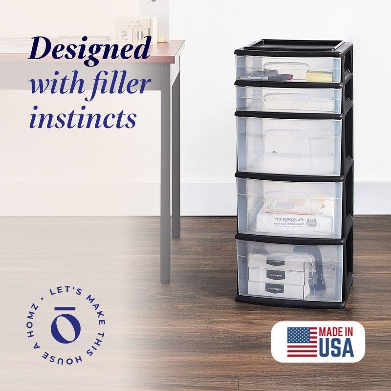 Homz Plastic 5 Clear Drawer Medium Home Closet Organizer Storage Container Tower with 3 Large Drawers and 2 Small Drawers, Black Frame
