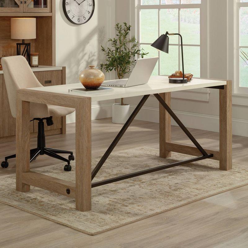 Sauder Dixon City Executive Desk Brushed Oak: Farmhouse Style, Metal Frame, Paper Laminate Surface